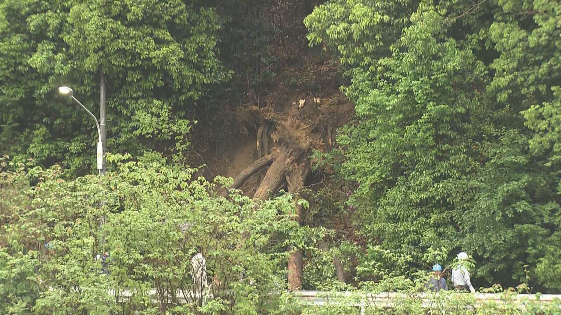 雨の影響で土砂崩れか　土砂と倒木で通行止め　広島市安佐南区